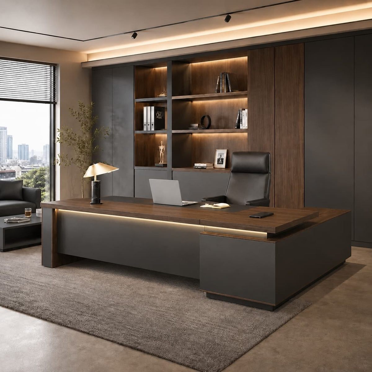 Walnut L-Shaped Executive Desk with Power and Storage – product image 2 Main image