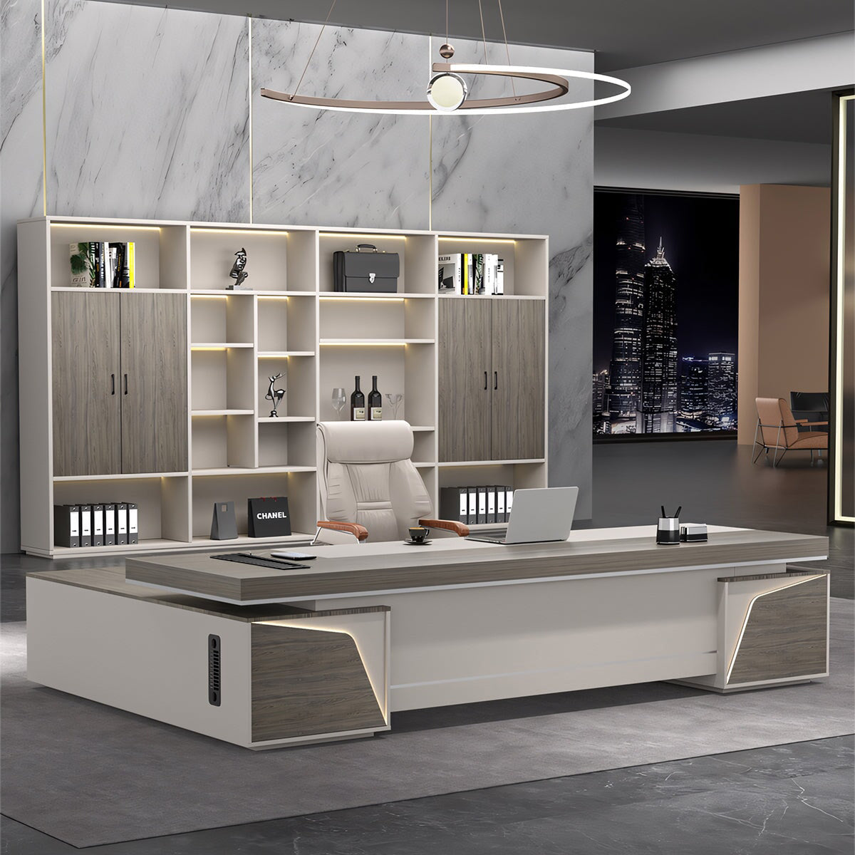 Grey Oak L-Shaped Executive Desk with Side Cabinets Secondary image