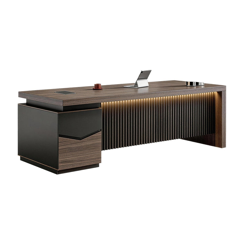 Bureau de direction Kaguyasu LBZ-T092 en noyer avec façade cannelée et piédestal à 3 tiroirs verrouillables