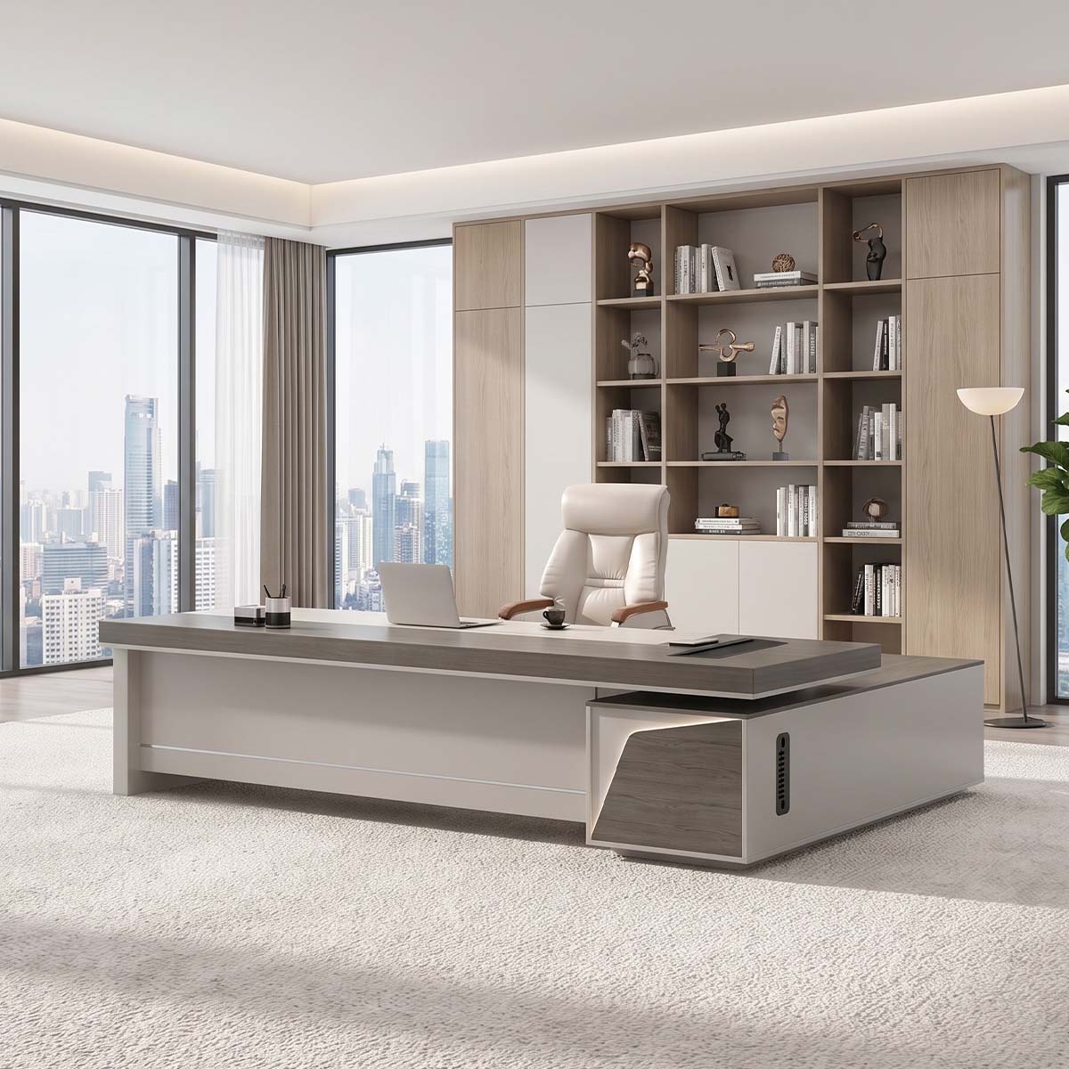 main image grey oak l shaped executive desk with side cabinets LBZ K055