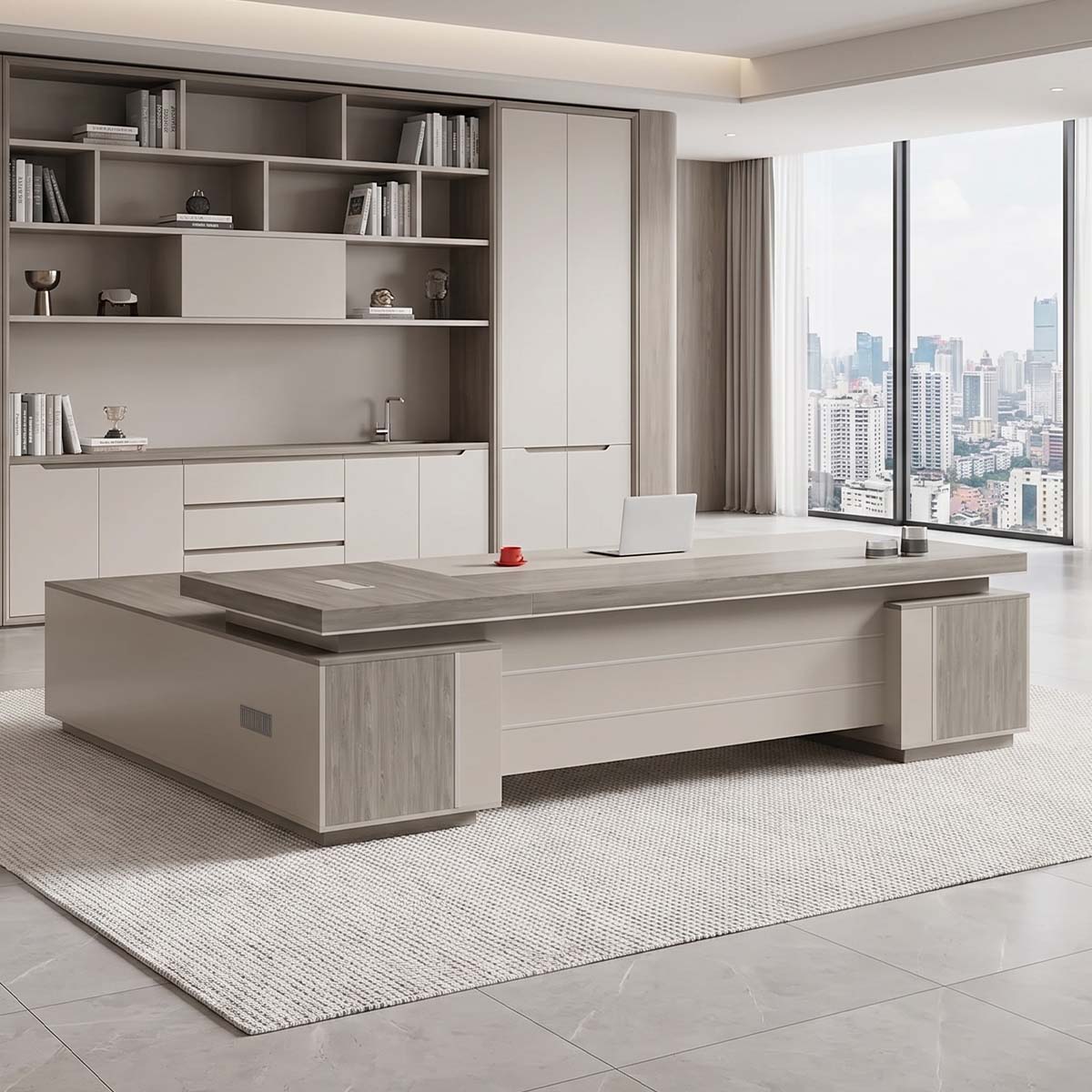 Luxury L-Shaped Executive Table with Power Outlet & Side Cabinet Secondary image