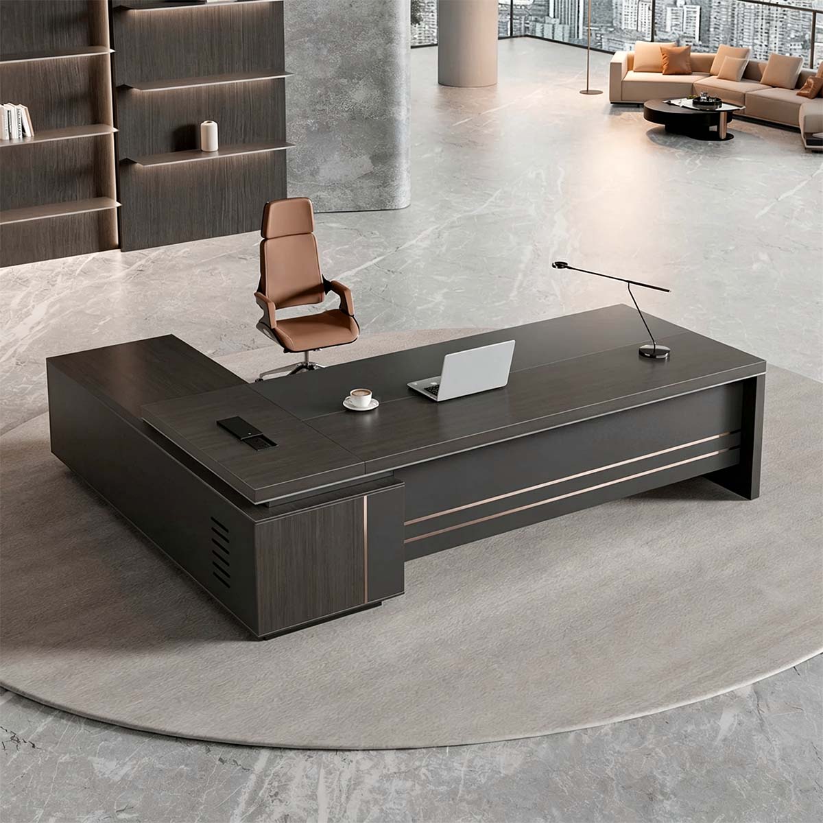 Modern L-Shaped Executive Desk with Power Outlet & Side Cabinet Secondary image