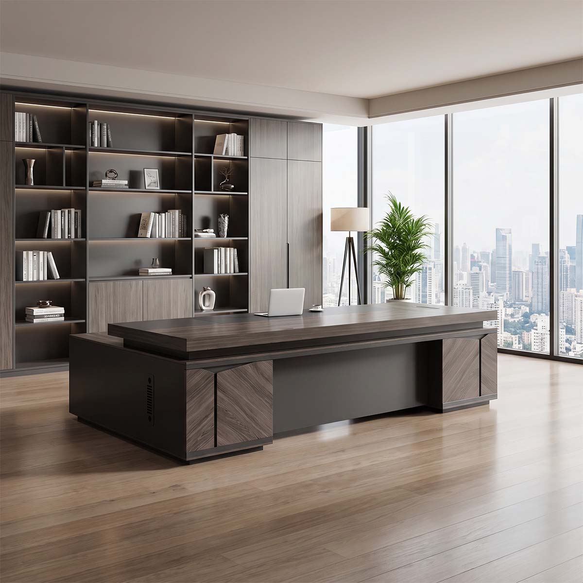 Wood-Grain Modern Executive Desk with Drawers Secondary image
